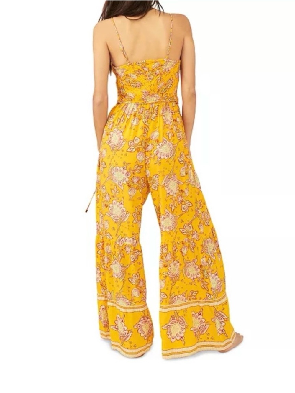Free People Yellow Wide Leg Smocked Jumpsuit with Spaghetti Straps Size Small
